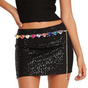 Women's Gold Rainbow Rhinestone Waist Chain Belt Y2K Festival Chain Belt Dresses
